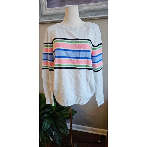 Talbots Racer Striped Soft Button Shoulder Bateau Neck Sweater Women Size L Gray - Picture 2 of 5